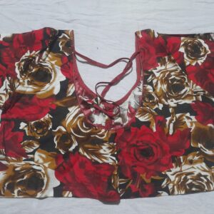 Bold Rose Print Back-Tie Blouse – Red & Gold
