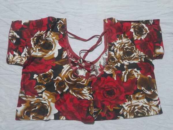 Bold Rose Print Back-Tie Blouse – Red & Gold