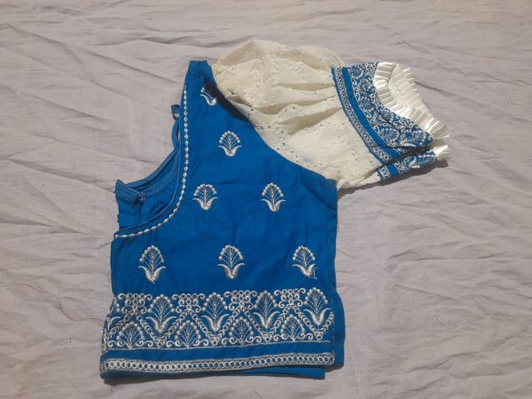 Elegant Sky Blue-White Embroidered Designer Blouse - Image 3