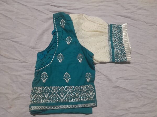 Elegant Green-White Embroidered Designer Blouse - Image 3